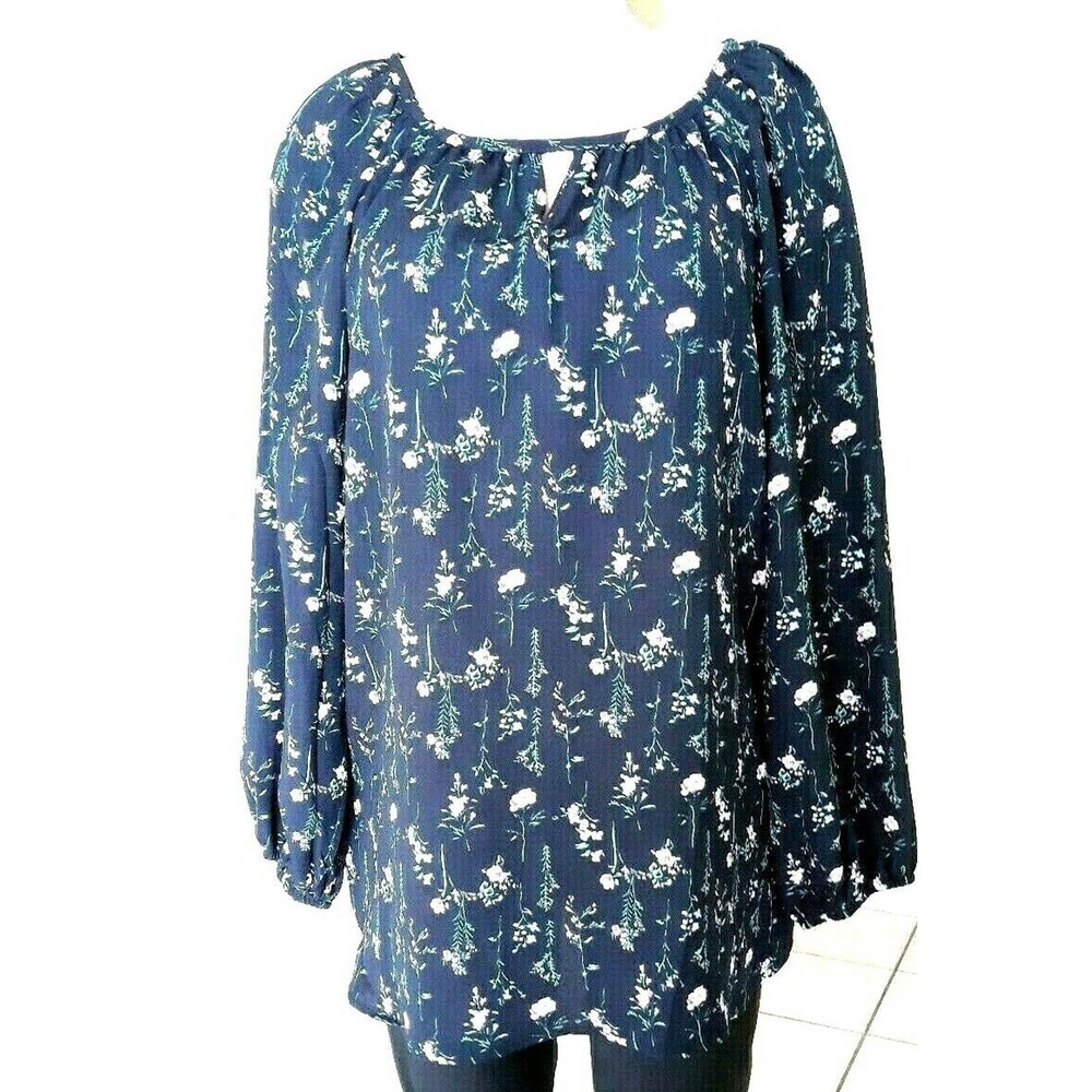 Susan Betro Blue Peasant  Print Top Blouse size L